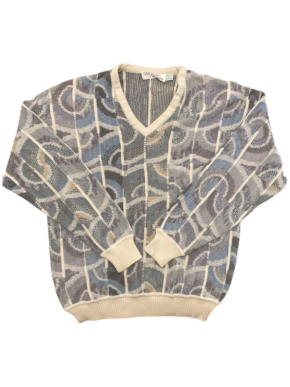 Vintage St. Croix womens V-Neck Patterned Knit Sweater - Cream & Blue